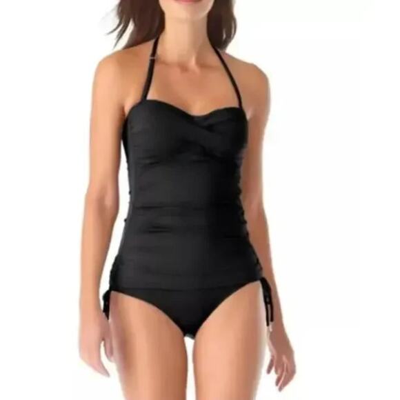 NEW Anne Cole Black Tankini Small Twist Front Bandeaukini Swim Top Halter Strap - Picture 1 of 14